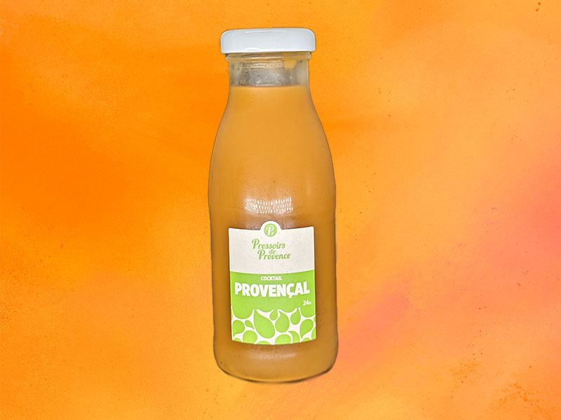Bouteille de jus de fruits Pressoirs de Provence par le restaurant dark kitchen Polychrone à Marseille
